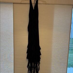 Niki Livas Black High-Low Ruffle Halter Dress